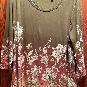 JM Collection Olive to Rust Ombre Floral Long-Sleeve Scoop Neck Top